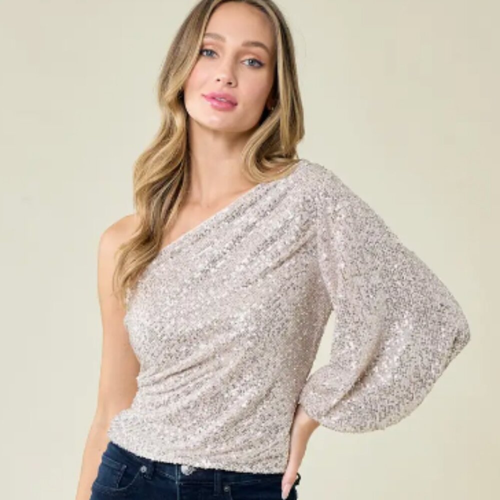 Champagne Casual Holiday One Shoulder Sequin Top